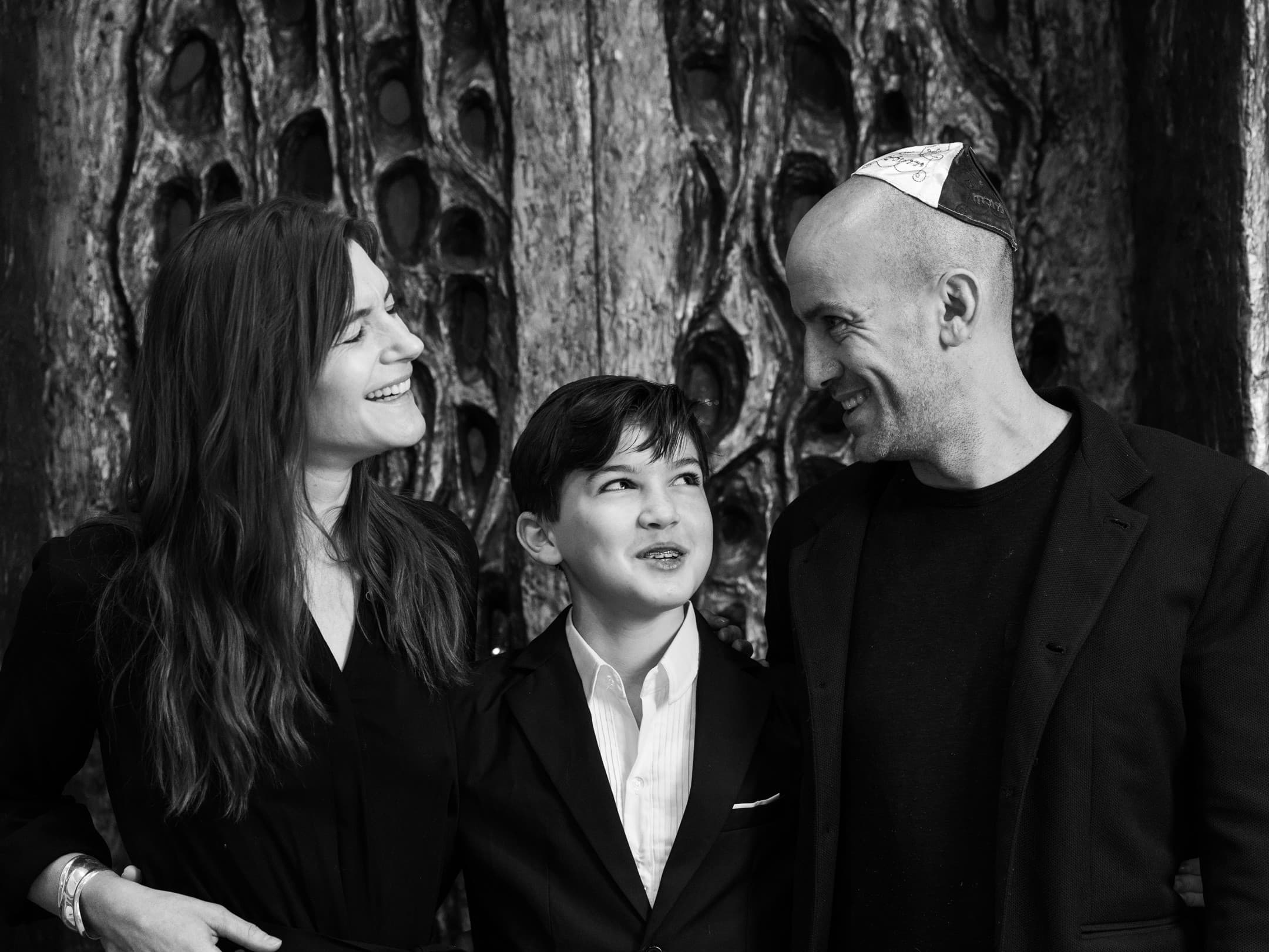 Black and white portrait of a bar mitzvah family